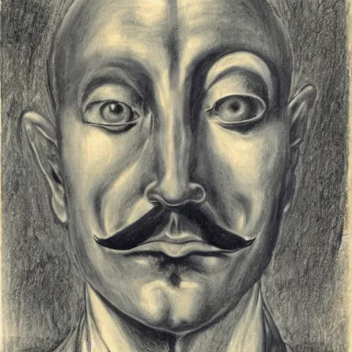 Image similar to Close-up of the angry man, pencil drawing. El Greco, Remedios Varo, Salvador Dali, Carl Gustav Carus, John Atkinson Grimshaw. Blue tint. Symetrical, logo, geometric shapes.