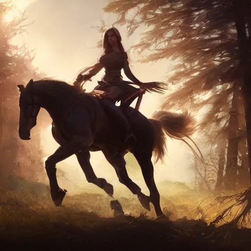 Prompt: queen princess riding fast on horse, forest light, greg rutkowski, artstation