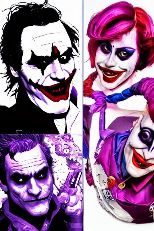Image similar to joaquin phoenix as joker and lady gaga as harley quin love each other, fix duplicate content!, violet polsangi pop art, gta chinatown wars art style, bioshock infinite art style, incrinate, realistic anatomy, hyperrealistic, two colors, white frame, content proportion