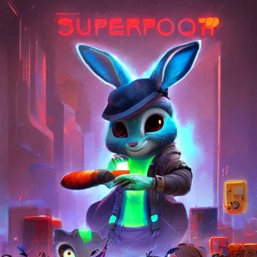 Prompt: super cute cyberpunk bunny, a carrot, pixar, zootopia, cgi, blade runner. trending on artstation