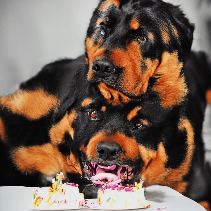 Prompt: “realistic Rottweiler trying to eat birthday cake”