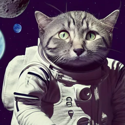 Image similar to a far away photo of a cat in a spacesuit designed for a cat walking on the surface of the moon, photorealistic