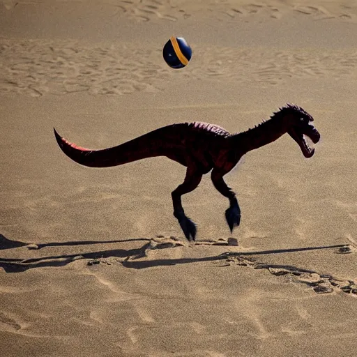 Image similar to a velociraptor playing volleyball with a horse