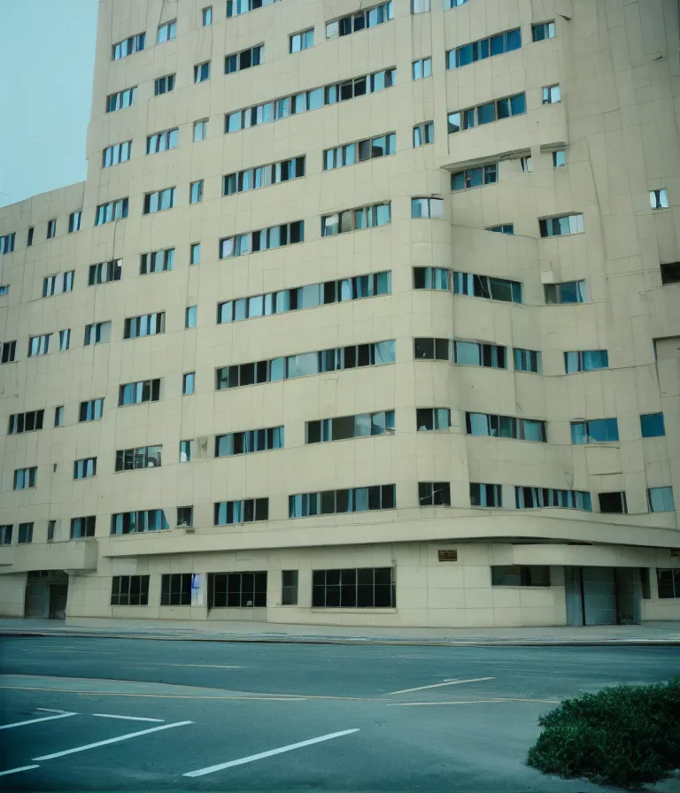 Image similar to office building exterior shaped like an art deco toaster, cinestill 800t 50mm eastmancolor, liminal space