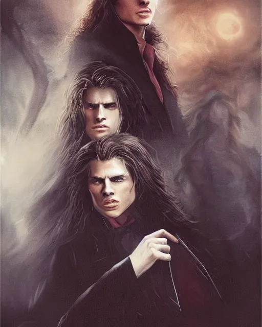 Image similar to alternate cover art for the movie interview with a vampire starring a long haired blonde tom cruise as lestat de lioncourt portrait, face centered, schmuck, regal, confident, unused design, night time, fog, colonial era street, volumetric lighting, realistic illustration, perfectly shaded, soft painting, art by krenz cushart and wenjun lin