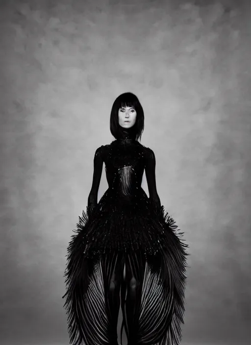 Image similar to a portrait of beautiful model tessa kuragi wearing iris van herpen dress, by serge lutens, photorealistic, intricate details, hyper realistic, photorealistic, canon r 3, photography, symmetrical features, symmetrical pose, wide angle shot, head to toe, standing pose, feet on the ground,