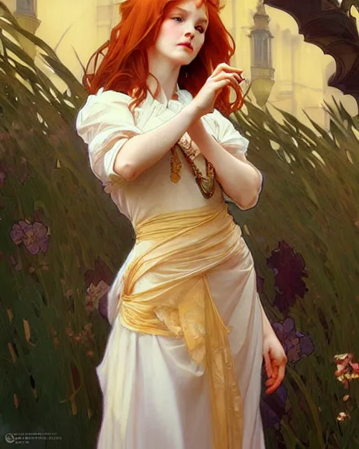 Image similar to a cool ginger girl. she is dressed as a princess. clean elegant painting, beautiful detailed face. by artgerm and greg rutkowski and alphonse mucha