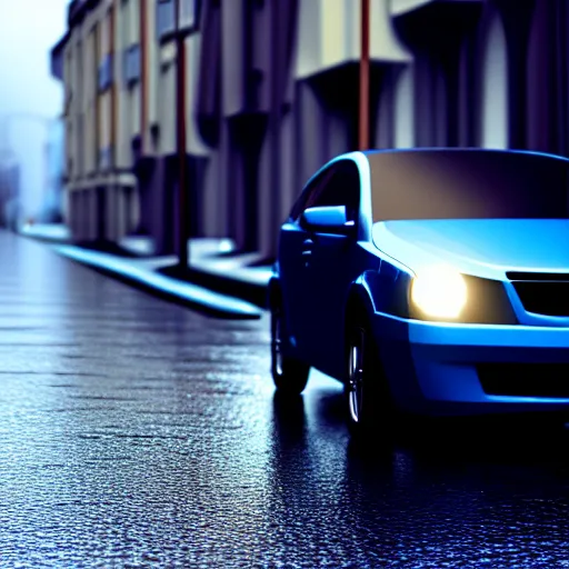 Prompt: blue car, street, rain, sun. super realistic 8 k render of a dark hooded powerful elegant, cinematic composition