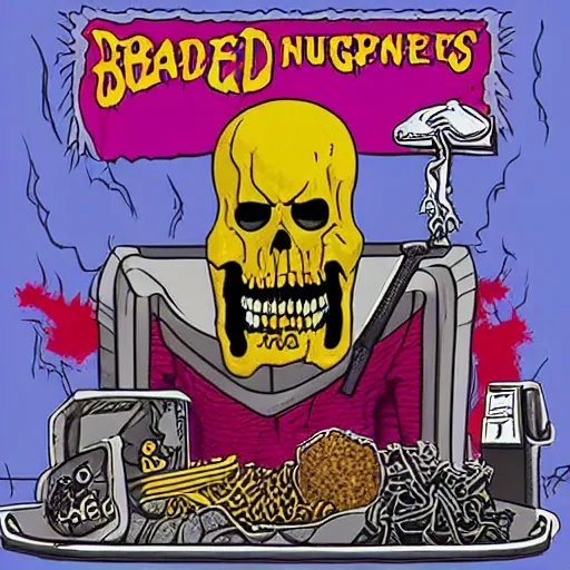 Image similar to grimace reaper, blood and nuggets fast food death metal album cover