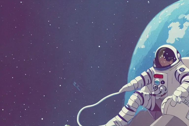 Image similar to A cell animation of a female astronaut on the first moon landing, Miyazaki Hayao, ghibli style, illustration, azure tones, vintage colors, anime, trending on artstation