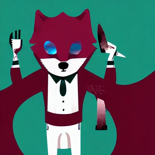 Prompt: an anthropomorphic wolf wearing a suit holding a knife dripping with maroon liquid, digital art, well lit