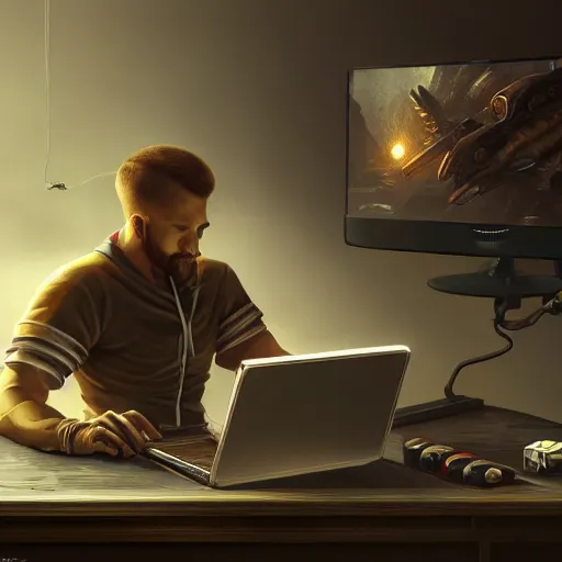 Image similar to realistic man using laptop in gaming room, artstation trends, sci fi concept art, highly detailed, intricate, sharp focus, digital art, 8 k