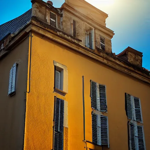 Image similar to a french building. sunset lighting.