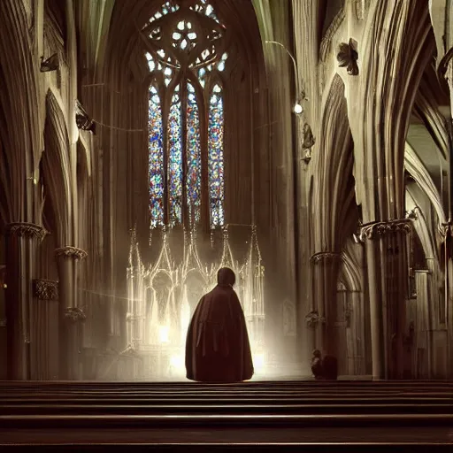 Image similar to angel protecting man who is praying inside a gothic church by Stanley Artgerm Lau, WLOP, Rossdraws, James Jean, Andrei Riabovitchev, Marc Simonetti, Yoshitaka Amano, ArtStation, CGSociety