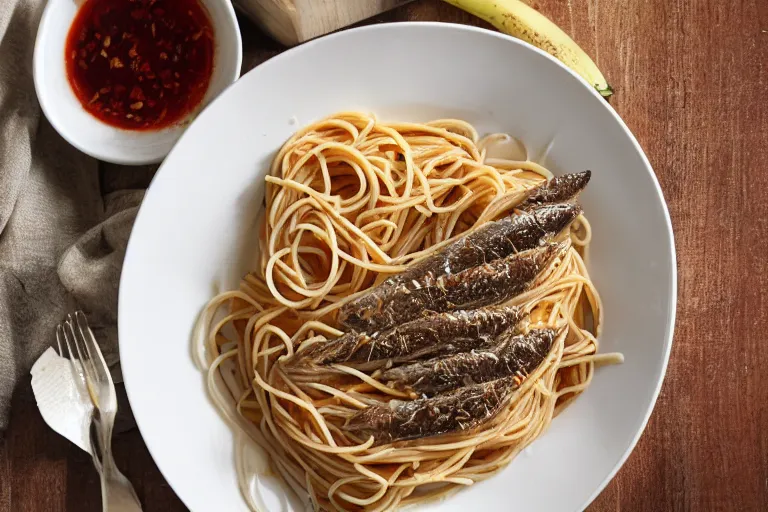 Image similar to Spaghetti with sardines and bananas