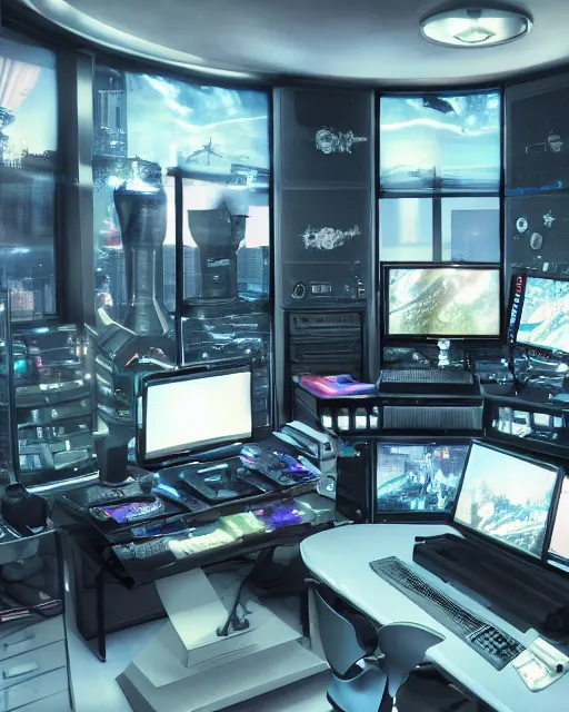 Image similar to scifi scene of a complex computer workstation in a small studio apartment room, many monitors, many electronics, very detailed, maximalism, unreal engine, hyper realism, realistic shading, cinematic composition, realistic render, octane render, detailed textures, photorealistic, by doug chiang, wide shot