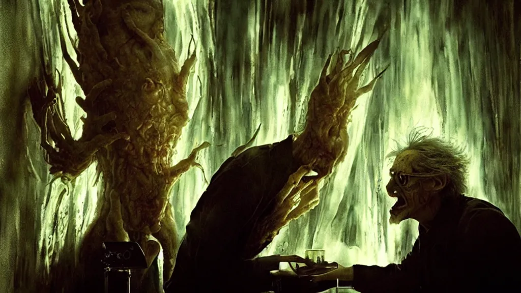 Image similar to a mad scientist creates a creature, film still from the movie directed by denis villeneuve and david cronenberg with art direction by salvador dali and karol bak, wide lens