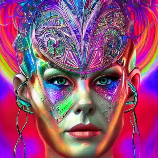 Prompt: extremely psychedelic cyborg queen of lsd. intricate, elegant, highly detailed, lifelike photorealistic digital painting, artstation.