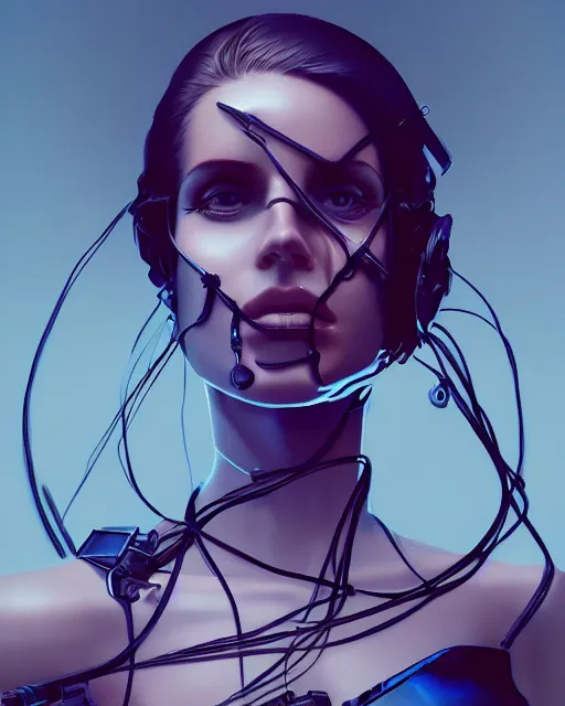 Image similar to portrait of lana del rey as a cyborg. intricate abstract. intricate artwork, by tooth wu, wlop, beeple, dan mumford. concept art, octane render, trending on artstation, greg rutkowski very coherent symmetrical artwork. cinematic, key art, hyper realism, high detail, octane render, 8 k, iridescent accents