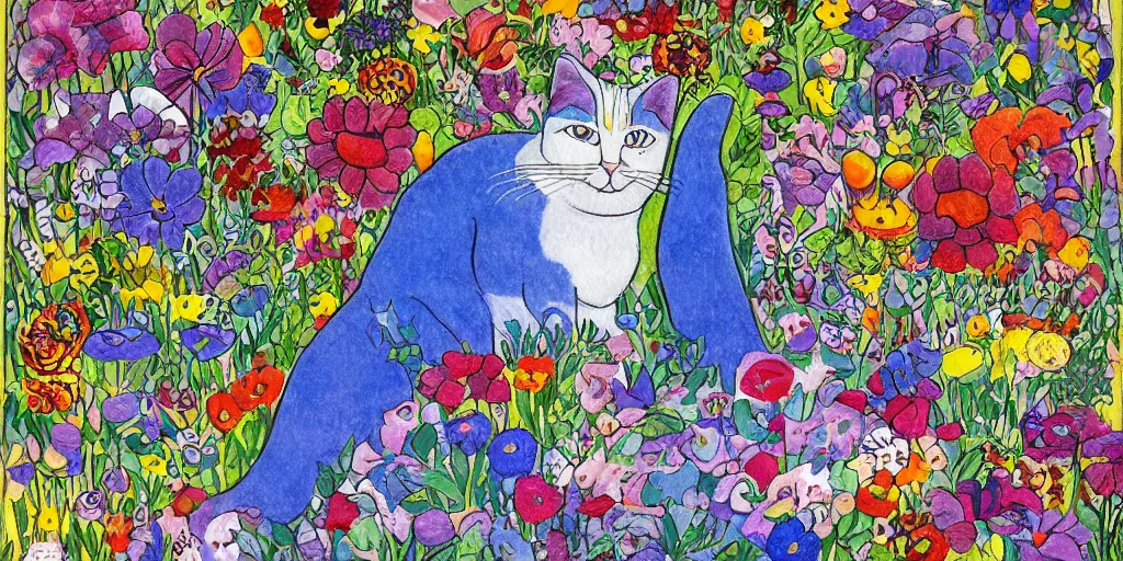 Image similar to cat playing in a garden of flowers, a mix media painting by laurel burch and Leonardo da Vinci and Natalia Goncharova, cluttered , child's drawing, art by Studio Ghibli, anime, thick black lineart