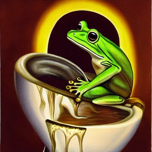 Prompt: a frog in a boiling pot of water, surrealist, absurdist painting