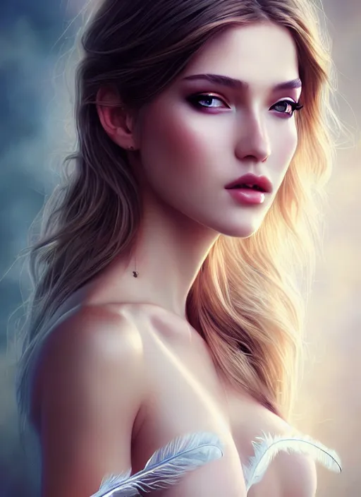 Image similar to a gorgeous female photo, professionally retouched, soft lighting, wearing a feather dress, realistic, smooth face, perfect eyes, wide angle, sharp focus on eyes, 8 k high definition, insanely detailed, intricate, elegant, art by artgerm and wlop