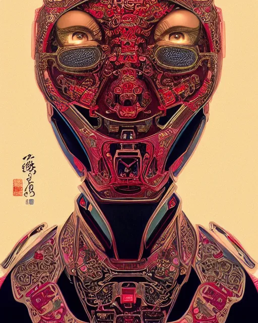 Image similar to portrait of a cyberpunk machine, machine face, upper half portrait, decorated with chinese opera motifs, asian, fine china, traditional chinese art, intricate, elegant, highly detailed, symmetry, headpiece, digital painting, artstation, concept art, smooth, sharp focus, illustration, art by artgerm and greg rutkowski and alphonse mucha, 8 k