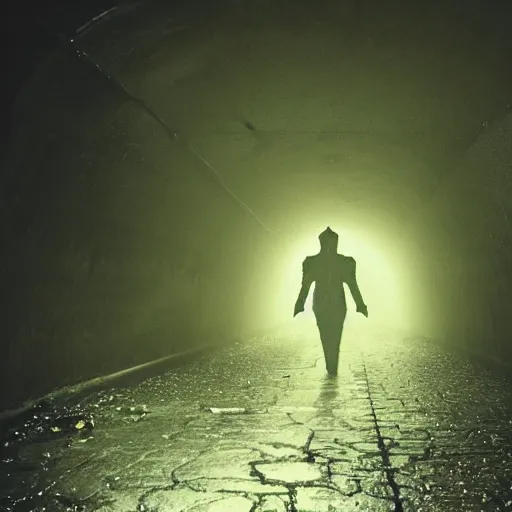 Image similar to down in the sewers of london, dark damp atmosphere, water dripping from the moss covered ceiling, a sinister dark figure is standing at the end of the sewer,