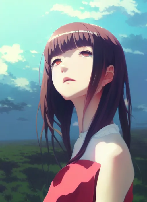 Image similar to portrait of a anime girl by ilya kuvshinov, cloudy sky background lush landscape illustration concept art anime key visual trending pixiv fanbox by wlop and greg rutkowski and makoto shinkai and studio ghibli