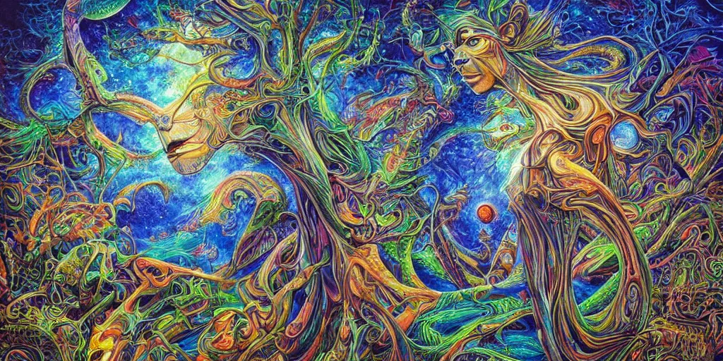 Image similar to 🌲🌌, acrylic on canvas, realism movement, breathtaking detailed, by android jones, alex grey, chris dyer, and aaron brooks, photorealistic