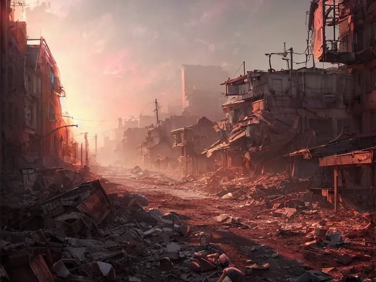 Prompt: postapocalyptic city of syzran!!!, militaristic!!!, rubble, hyperrealistic, highly detailed, cinematic, pink sunlight, romantic, beautiful, cgssociety, artstation, 8 k, oil painting by greg rutkowski, by artgerm, by wlop