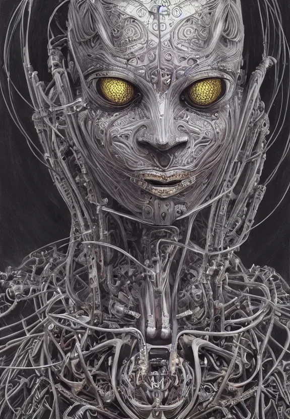 Image similar to perfectly centered portrait, front view of a beautiful biomechanical cyberpunk alien android robot buddha, female, flowing hair, intense stare, sarcastic smile, symmetrical, concept art, intricate detail, volumetric shadows and lighting, realistic oil painting by alex grey and gustave dore,