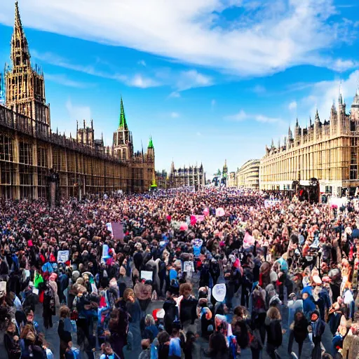 Prompt: a picture of westminster with a gigantic crowd of protestors on the street, the sky is blue and everyone is holding russian signs wide shot hyperrealistic photography 7 0 mm