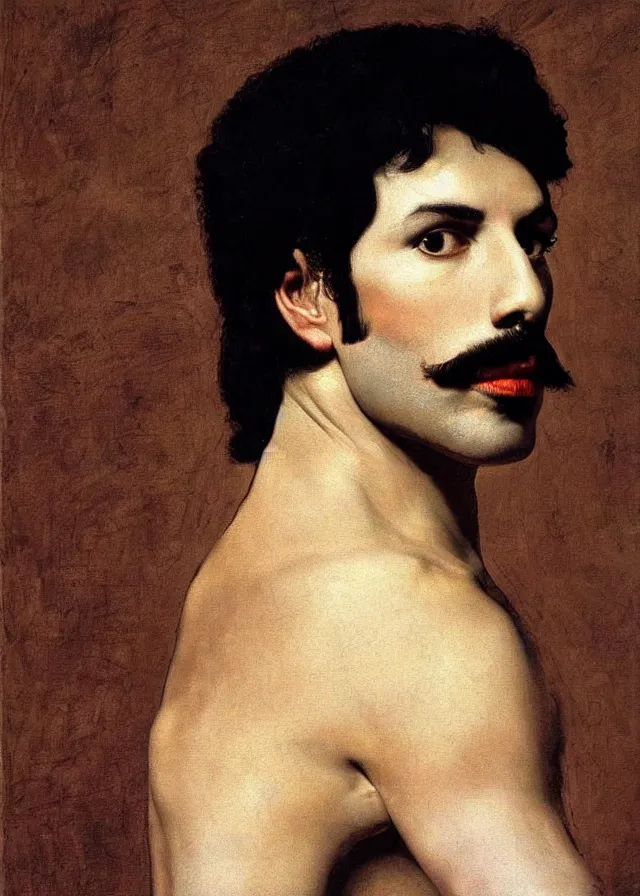 Prompt: painting a portrait of Freddie Mercury , in a Baroque painting style ,light dark, dark background , epic, very detailed, painted by Rembrandt, Artemisia Gentileschi , Caravaggio,, hyper realistic.