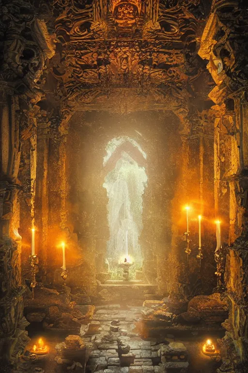 Prompt: Detailed Interior of Monastery Ruins, Bali Tropical, light of god, light shafts, candles, stunning atmosphere, in Style of Peter Mohrbacher, cinematic lighting