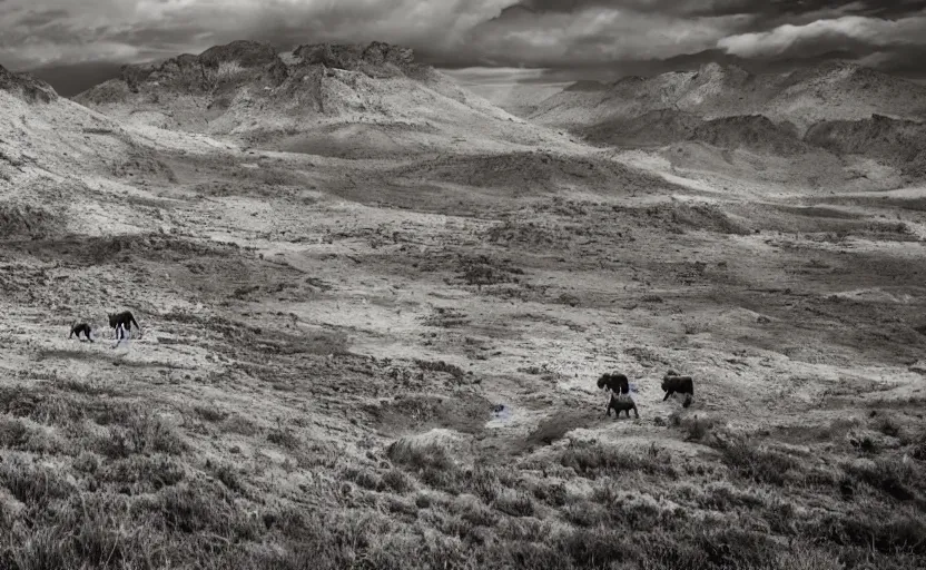 Prompt: silhouette of a cowboy and horse, cattle in a valley below, as background, in the style of ansel adams, photorealistic, ornately detailed, 4 k