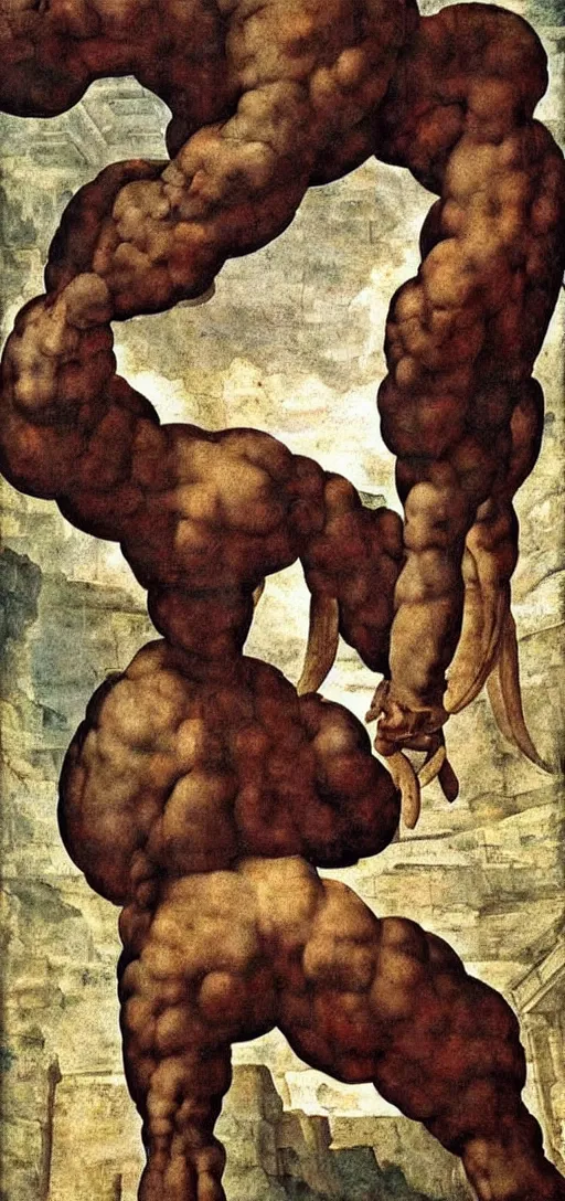 Image similar to giant goat with evil eyes, painting by michelangelo