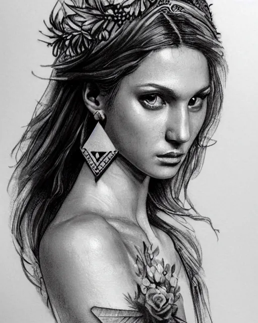 Image similar to realism tattoo sketch of a beautiful greek goddess aphrodite with piercing eyes wearing a laurel wreath and triangle earrings, in the style of greg rutkowski, amazing detail