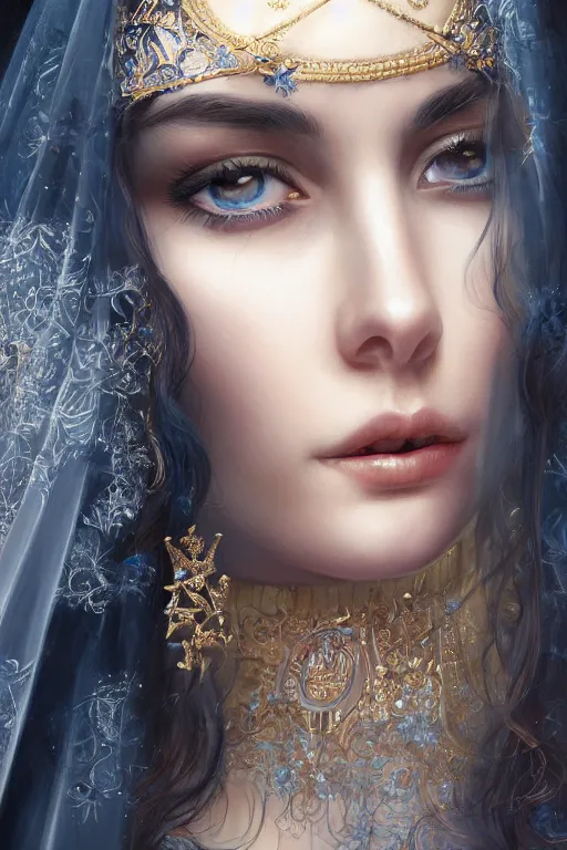 Image similar to Ameera al-Taweel, blue eyes, long wavy black hair, white veil, closeup, focus face, elegant, highly detailed, centered, digital painting, artstation, concept art by tom bagshaw