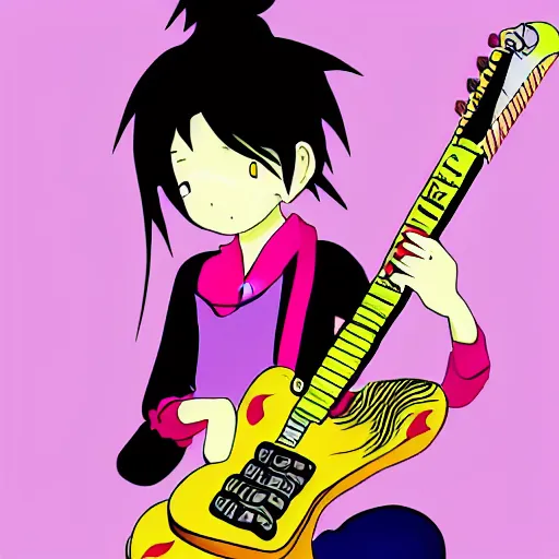 Image similar to in the style of Shinichi Kurita, girl,dragon, guitar, anime