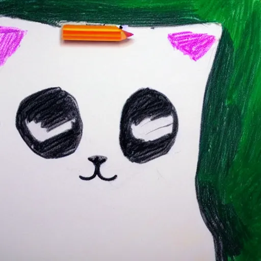 Prompt: child crayon drawning of a cute kitten with panda body and cat face