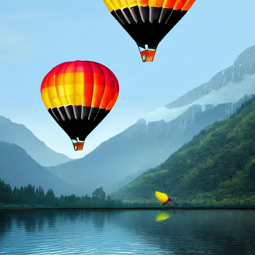 Image similar to photo of two black swans touching heads in a beautiful reflective mountain lake, a colorful hot air balloon is flying above the swans, hot air balloon, intricate, 8k highly professionally detailed, HDR, CGsociety