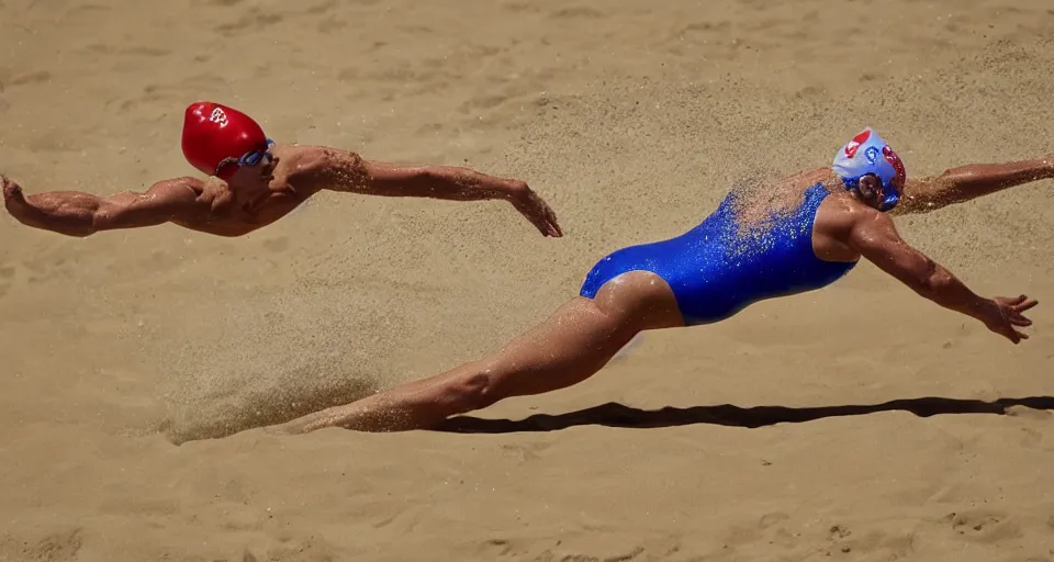 Image similar to olympic swimming in sand instead of water, extremely coherent, motion blur