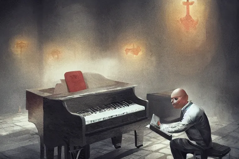 Image similar to an expressive portrait of agent 4 7 playing the piano in a monastery, dark background, red rim light, digital art, artstation, concept art by giger stalenhag