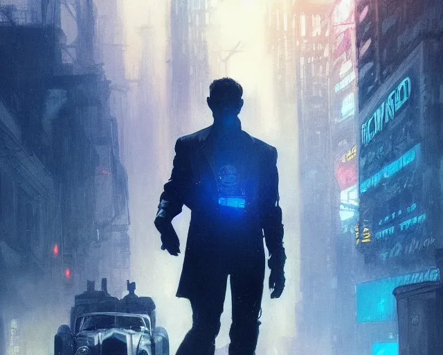 Prompt: 2 0 1 8 blade runner movie still young clint eastwood western look at the cityscape from roof perfect face fine realistic face pretty face reflective polymer suit tight neon puffy jacket blue futuristic sci - fi elegant by denis villeneuve tom anders zorn hans dragan bibin thoma greg rutkowski ismail inceoglu illustrated sand storm alphonse mucha