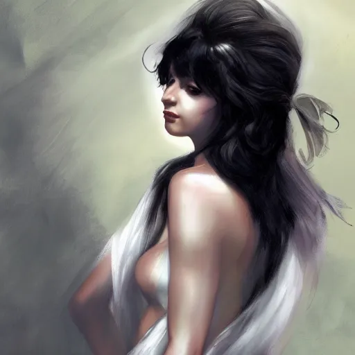 Image similar to Greek goddess posing for painter, sun light, trending on artstation, black hair, white coat