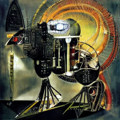 Image similar to a full wired mechanical robot imagines a fantasy world, oil on canvas by dave mckean