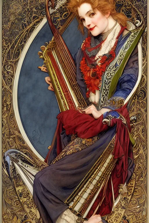Image similar to a jester playing the harp, detailed full body portrait by james gurney and artgerm and Mucha, amazing detail, intricate, stunning inking lines, 4K, character design, concept art