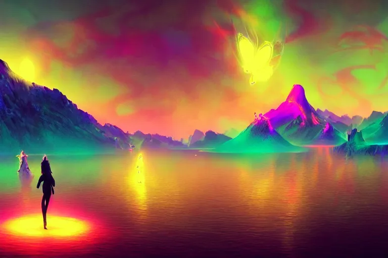 Image similar to wide wide photo of surreal beautiful beautiful woman (((dynamic neon lighting)) in chromatic dmt trippy lake with glowing birds, mountains, elegant, highly detailed, sharp focus, illustration, beautiful, geometric, trending on artstation, cinematic, artwork by Tran, Ross and Aivazovsky, Ivan