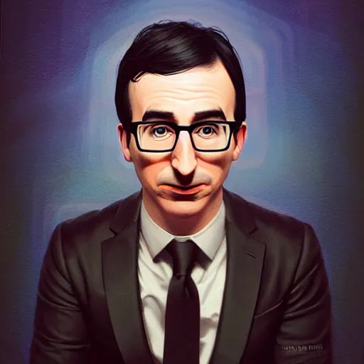 Image similar to photo booth, john oliver with adam driver, john oliver in front, adam driver behind, john oliver, stylized, centered, dark, smokey, fantasy, intricate, elegant, highly detailed, digital painting, deviant art, art by artgerm, art by greg rutkowski, art by alphonse